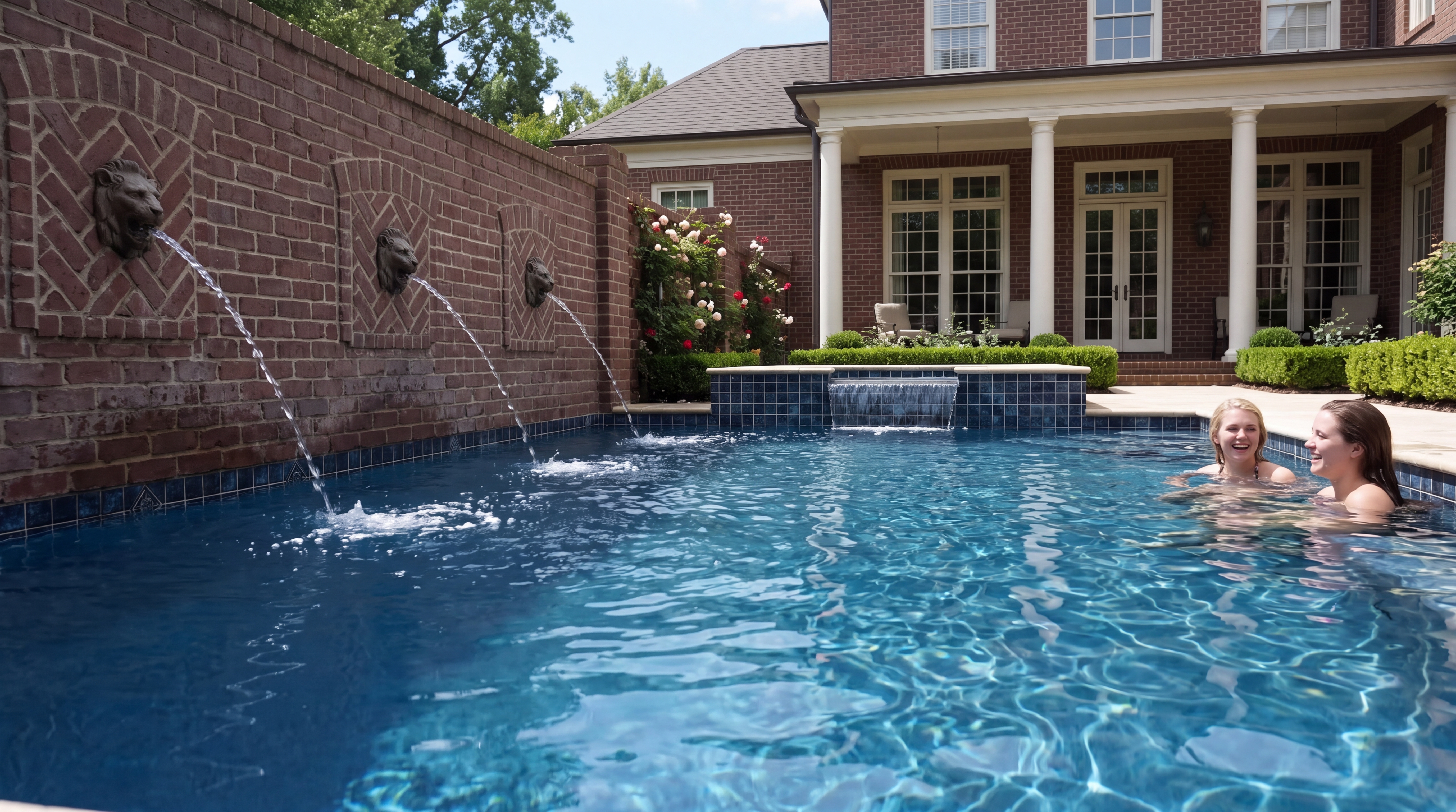 Brick courtyard pool with lion-head fountains built by Backyard Resort Pools in Brentwood, TN