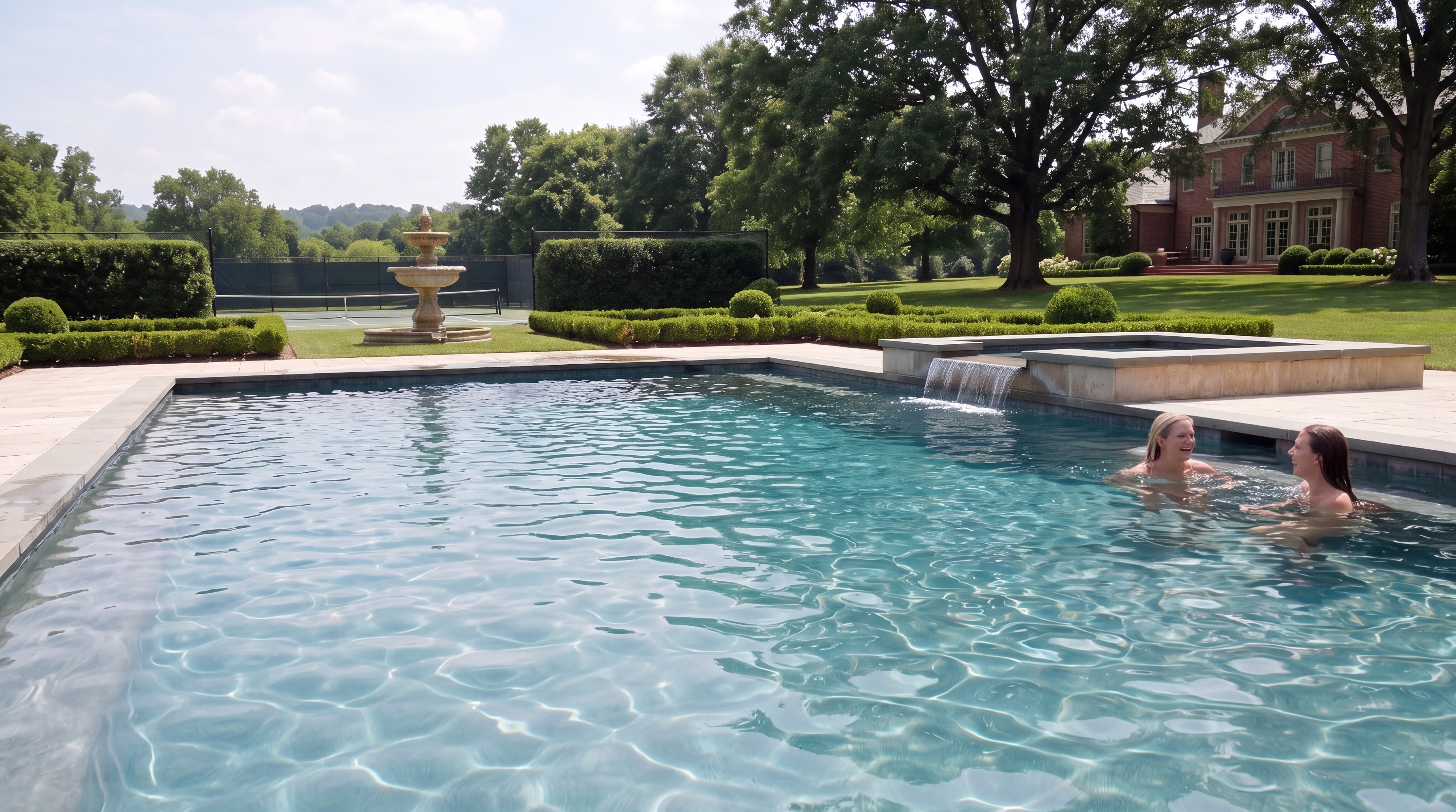 Estate pool and spa with waterfall, fountain, and tennis court built by Backyard Resort Pools in Franklin, TN