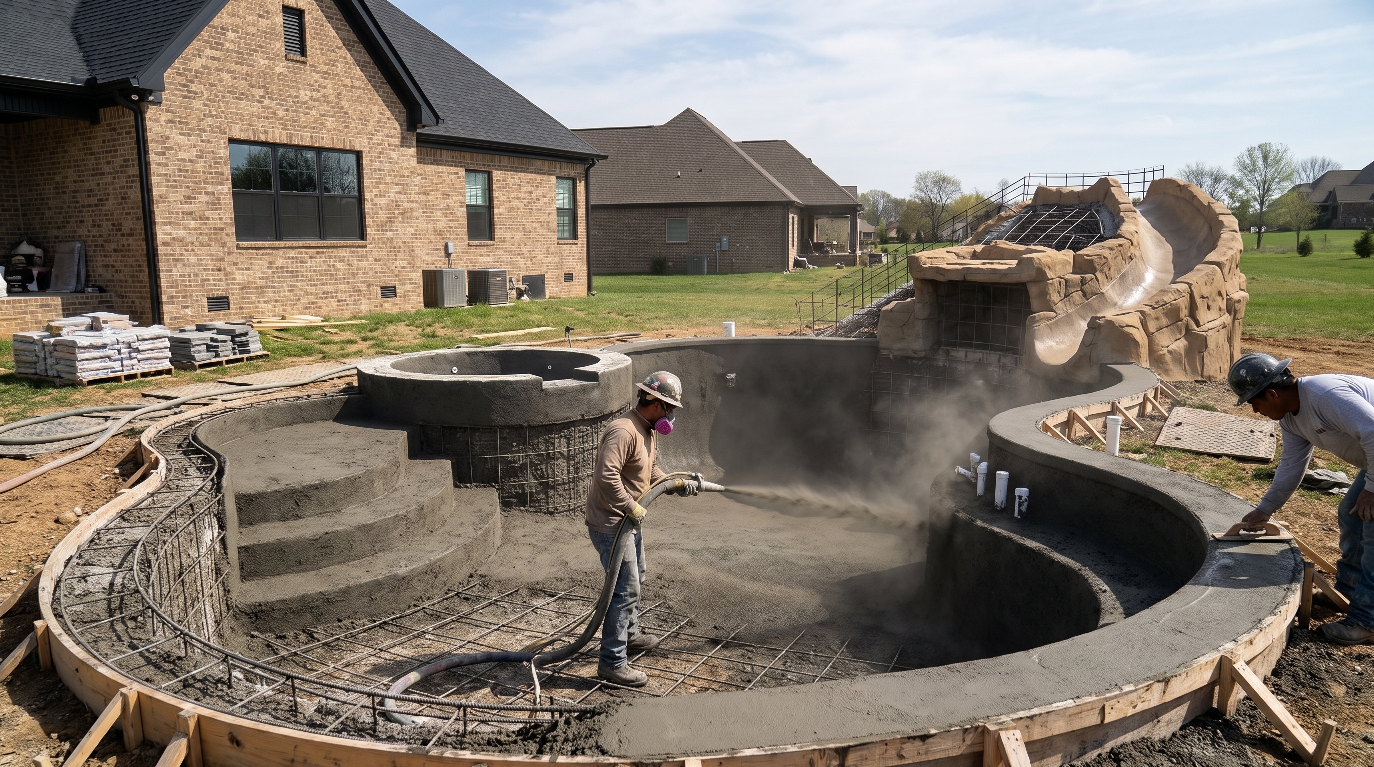 Crew spraying gunite over the steel cage of a freeform pool with spa and rock slide in Middle Tennessee