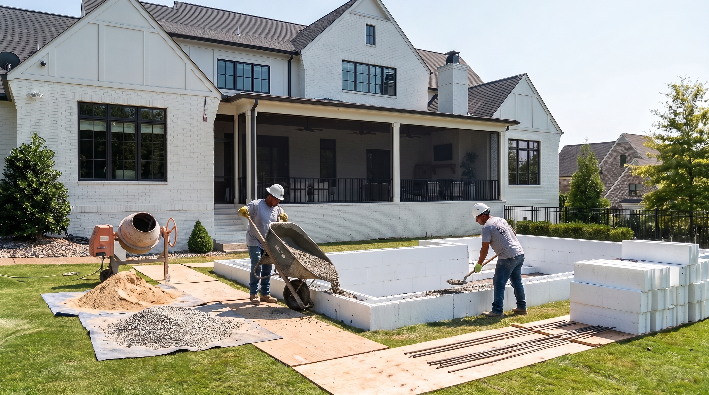 Crew placing concrete into insulated concrete form pool walls behind a white brick Nashville home
