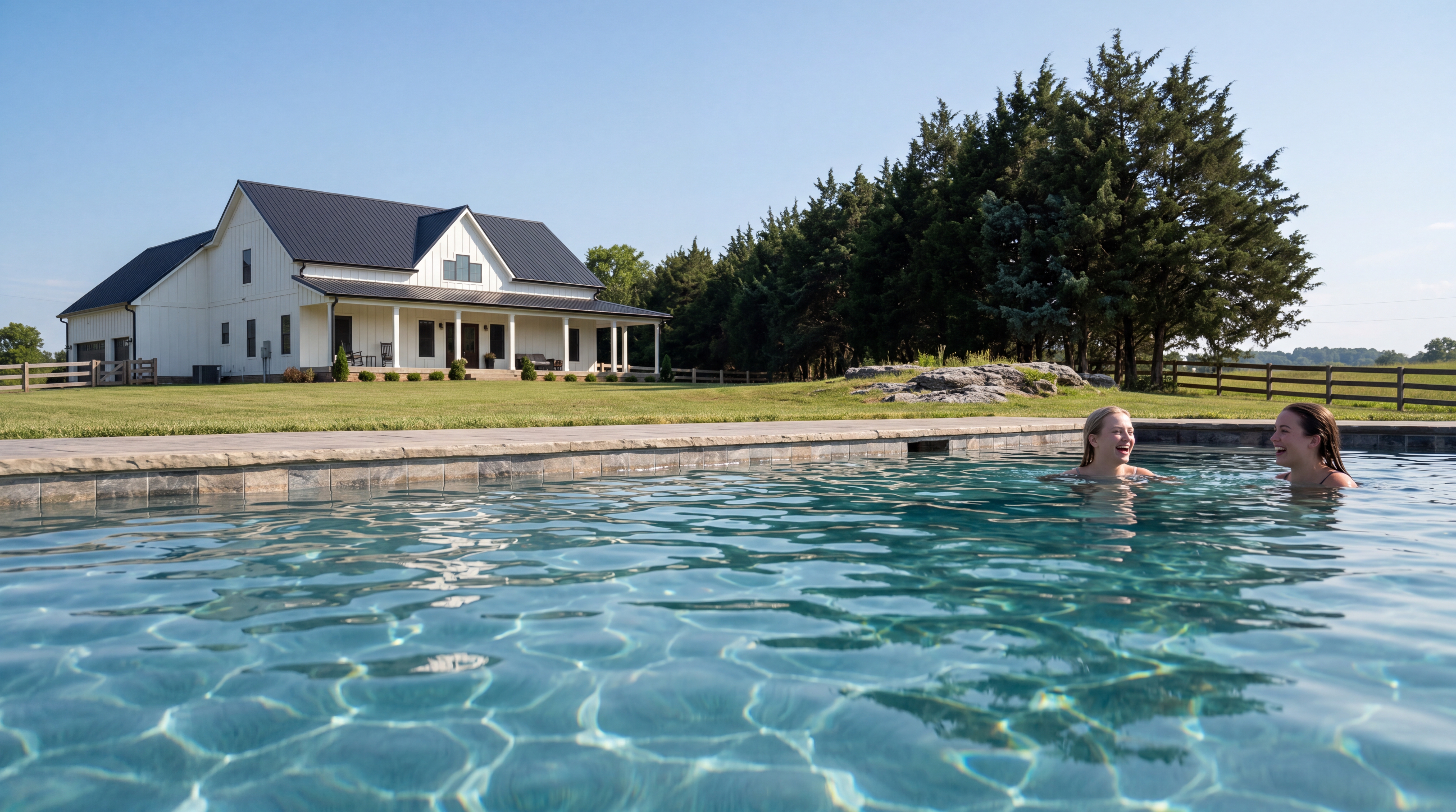 Pool beside a white modern farmhouse on acreage in Lebanon, TN