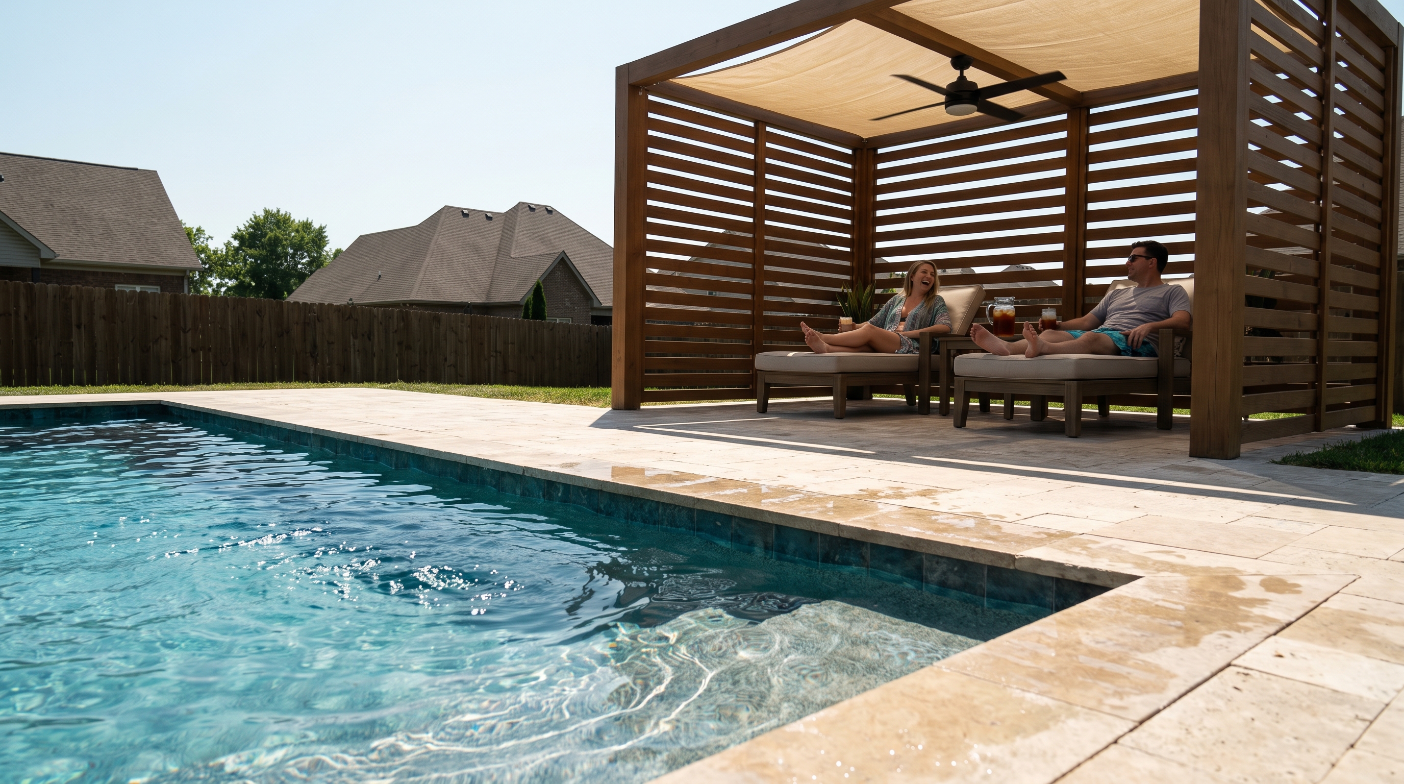 Couple relaxing under a slatted cedar cabana with a ceiling fan beside a backyard pool