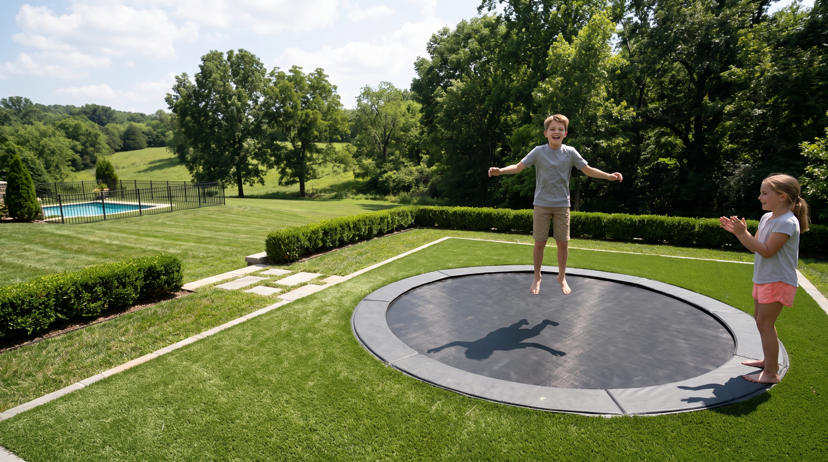 Boy jumping on a flush in-ground trampoline on a manicured lawn near a fenced backyard pool