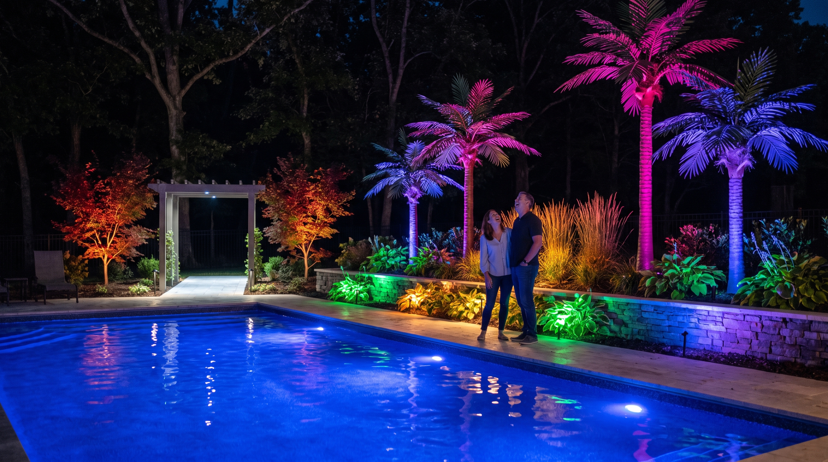 Couple beside a pool at night surrounded by color-lit artificial palms and uplit landscaping