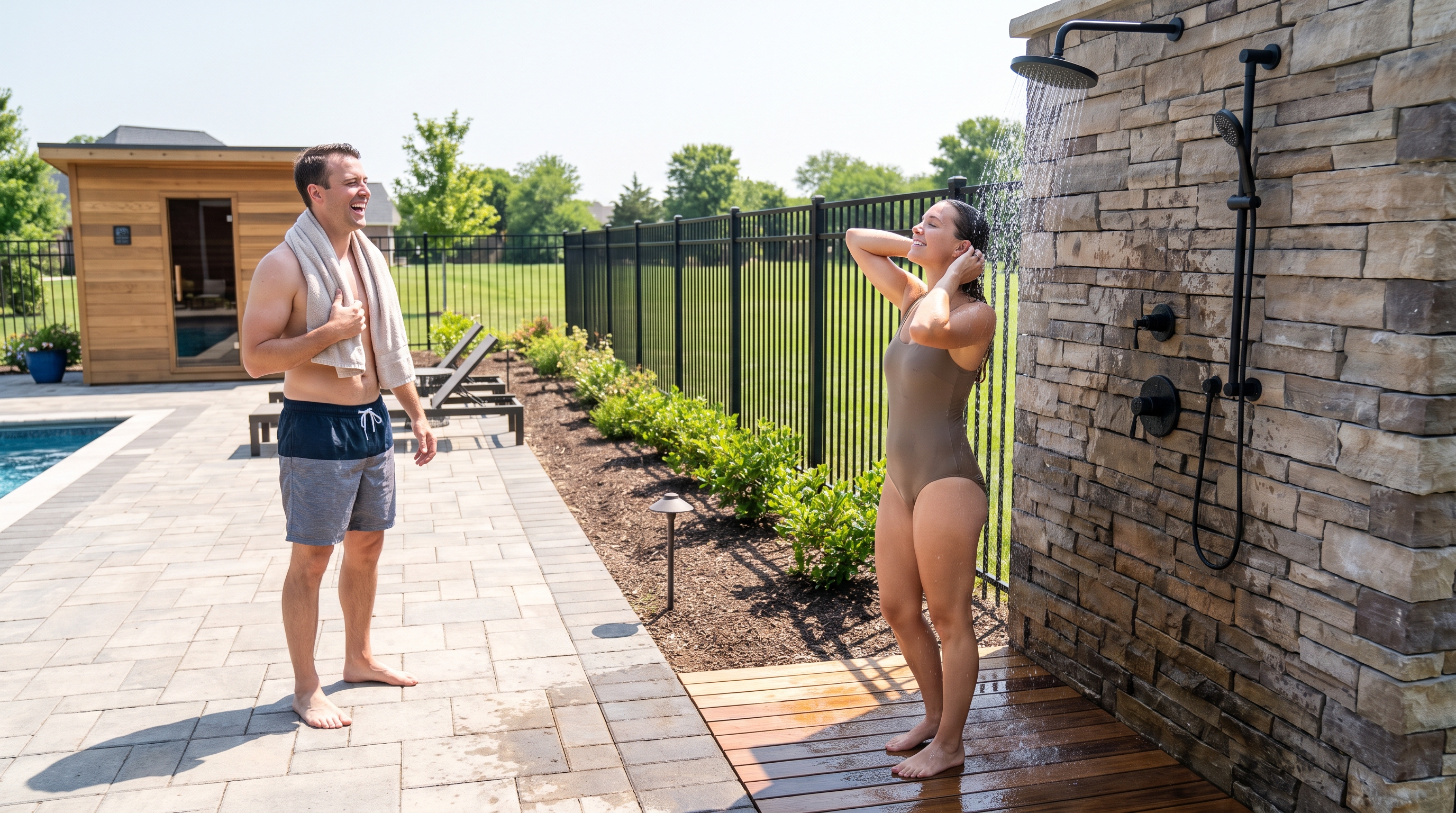 Woman rinsing off at a stone-clad outdoor shower with rain head beside a pool deck