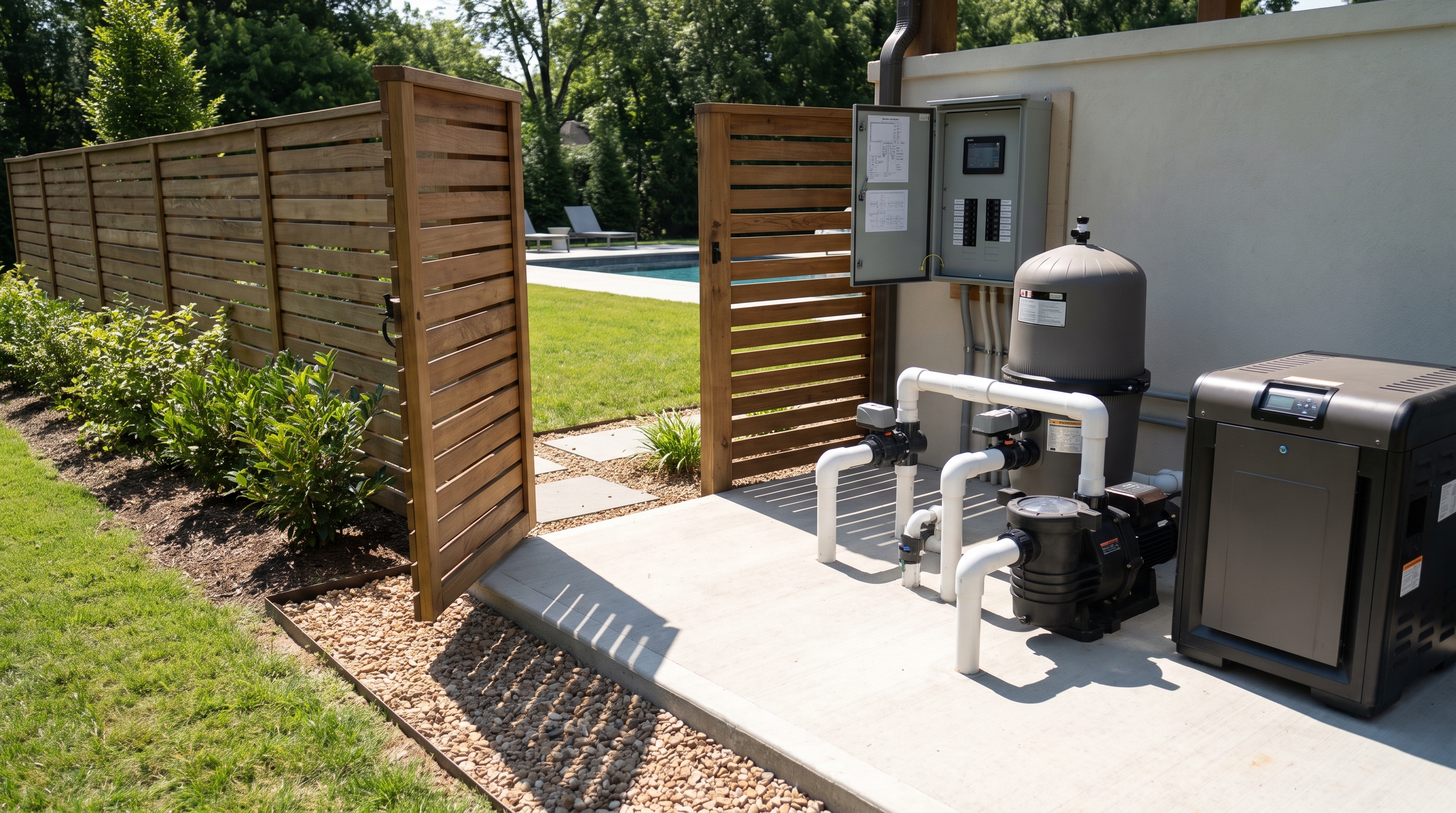 Pool filter, pump, and automation control panel installed on a screened equipment pad behind a cedar gate