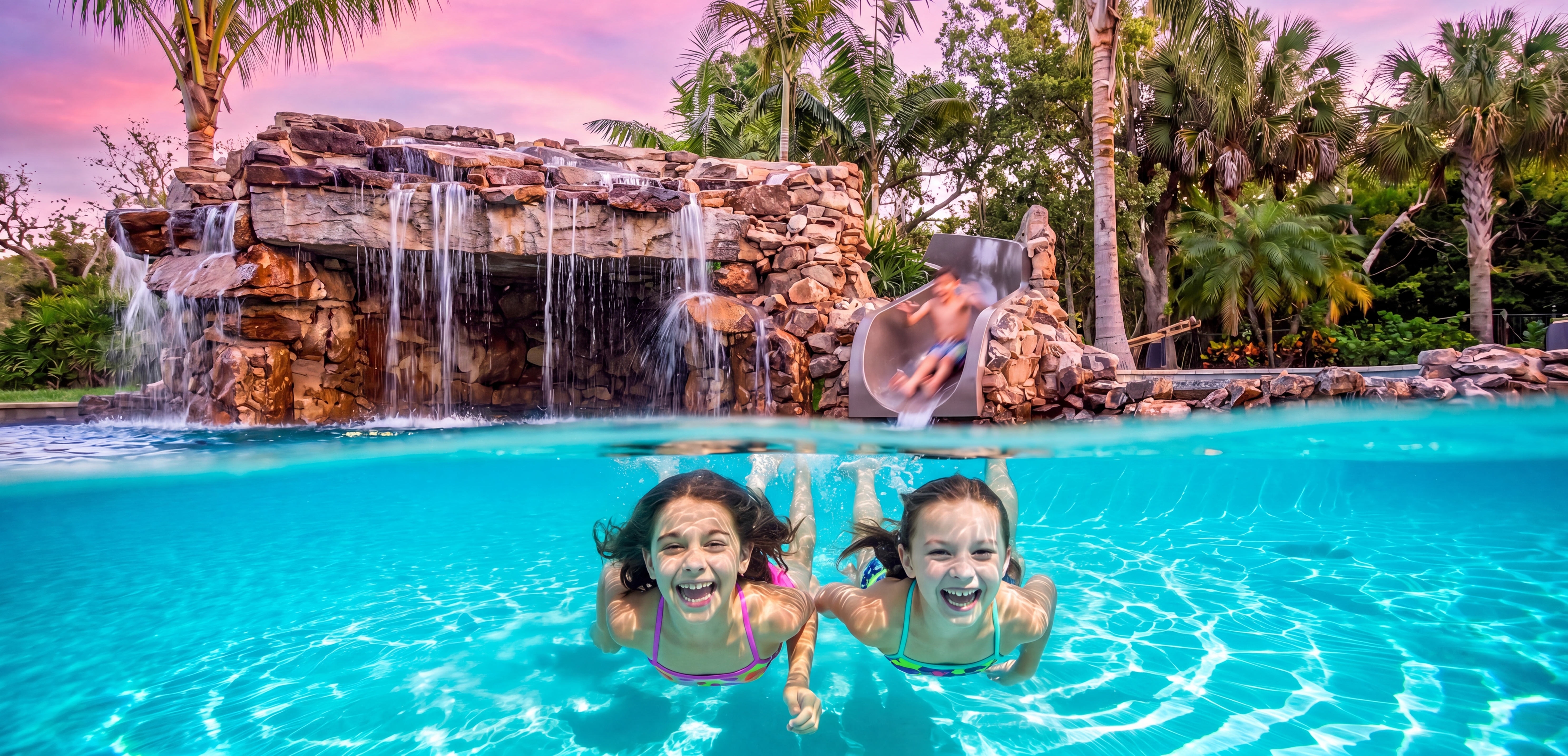 Backyard resort pool with waterfall built by Backyard Resort Pools