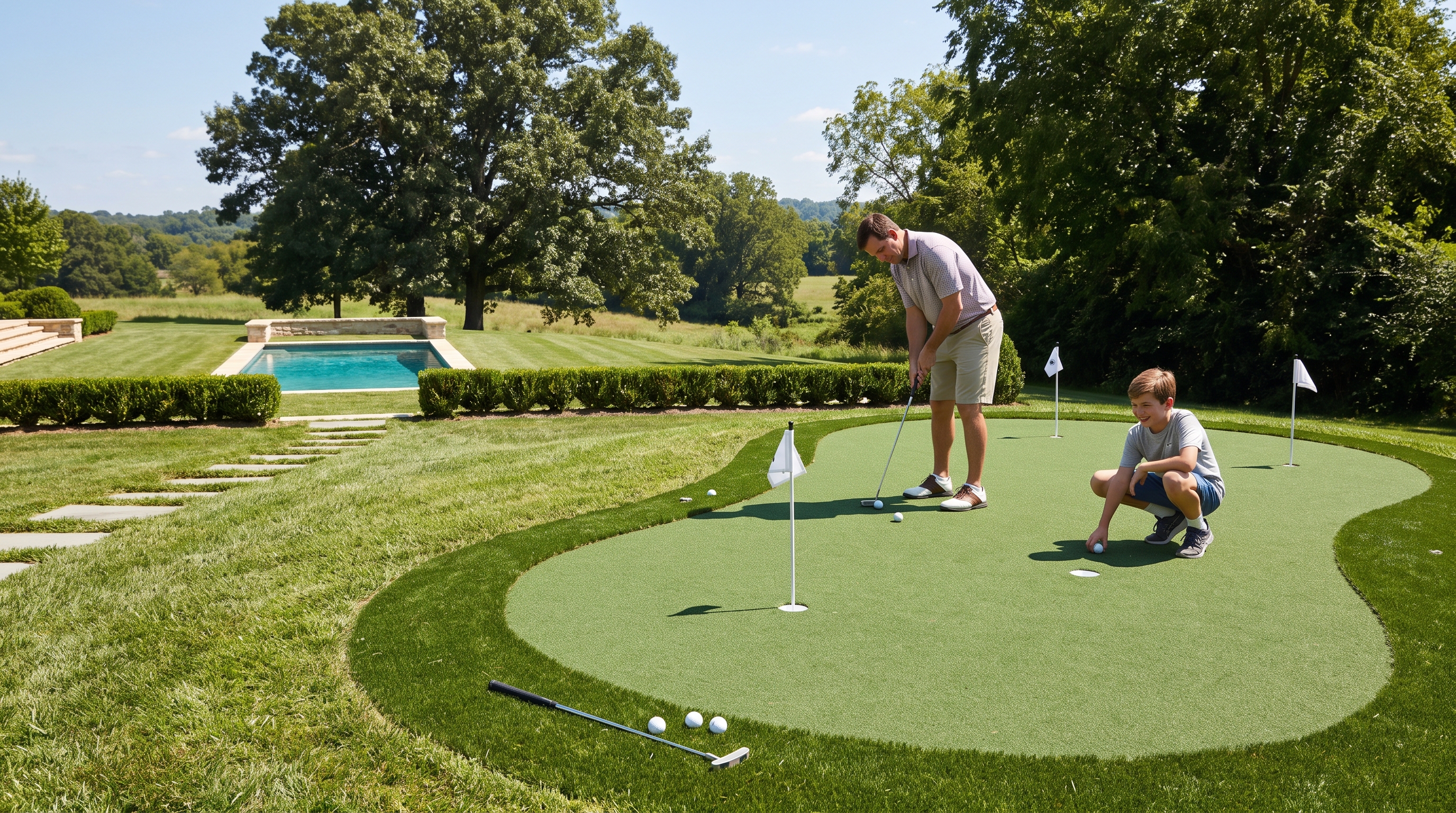 Father and son putting on a curved synthetic backyard putting green beside a pool