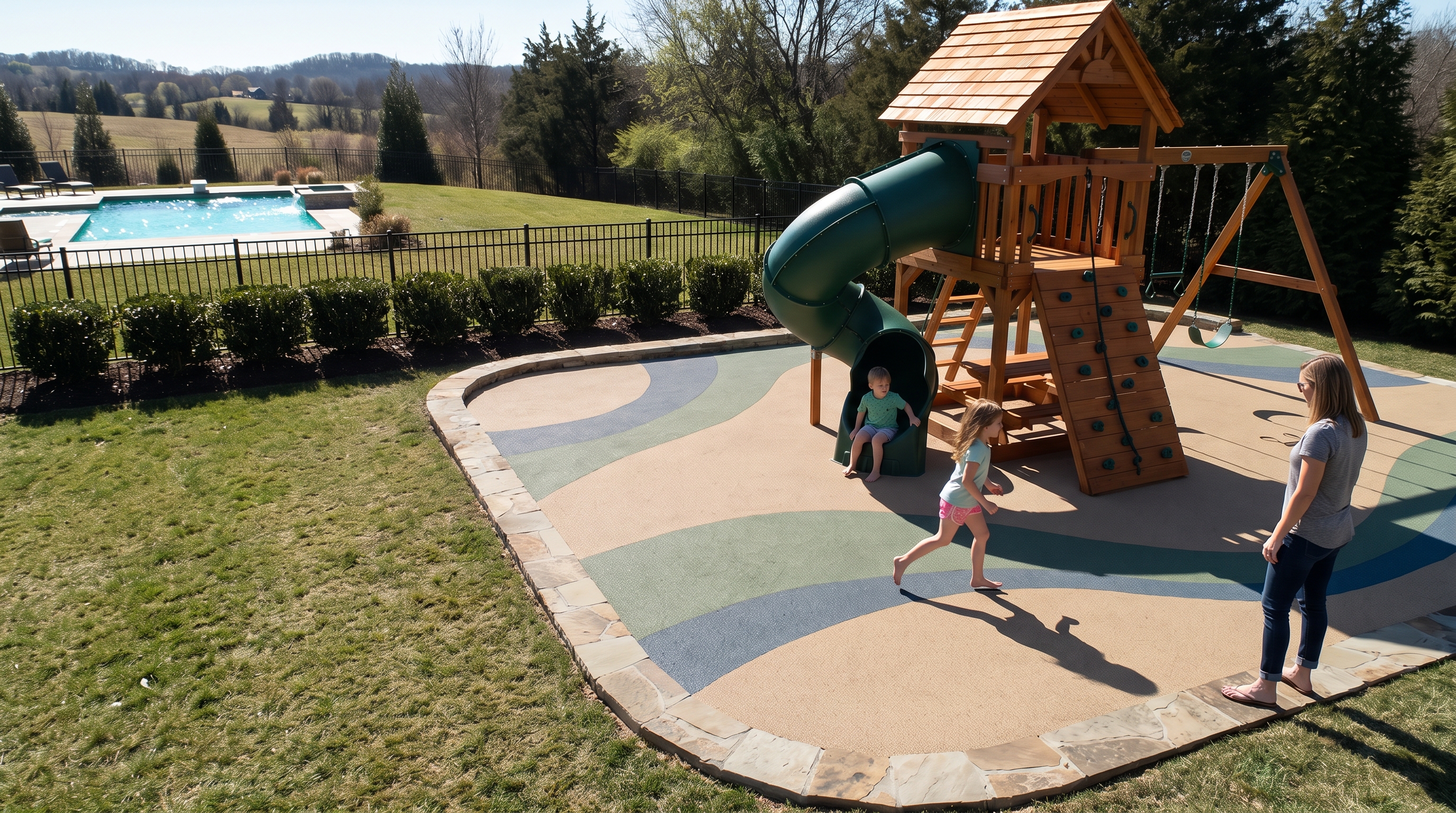 Kids playing on a wooden playset over colorful poured rubber surfacing beside a fenced backyard pool