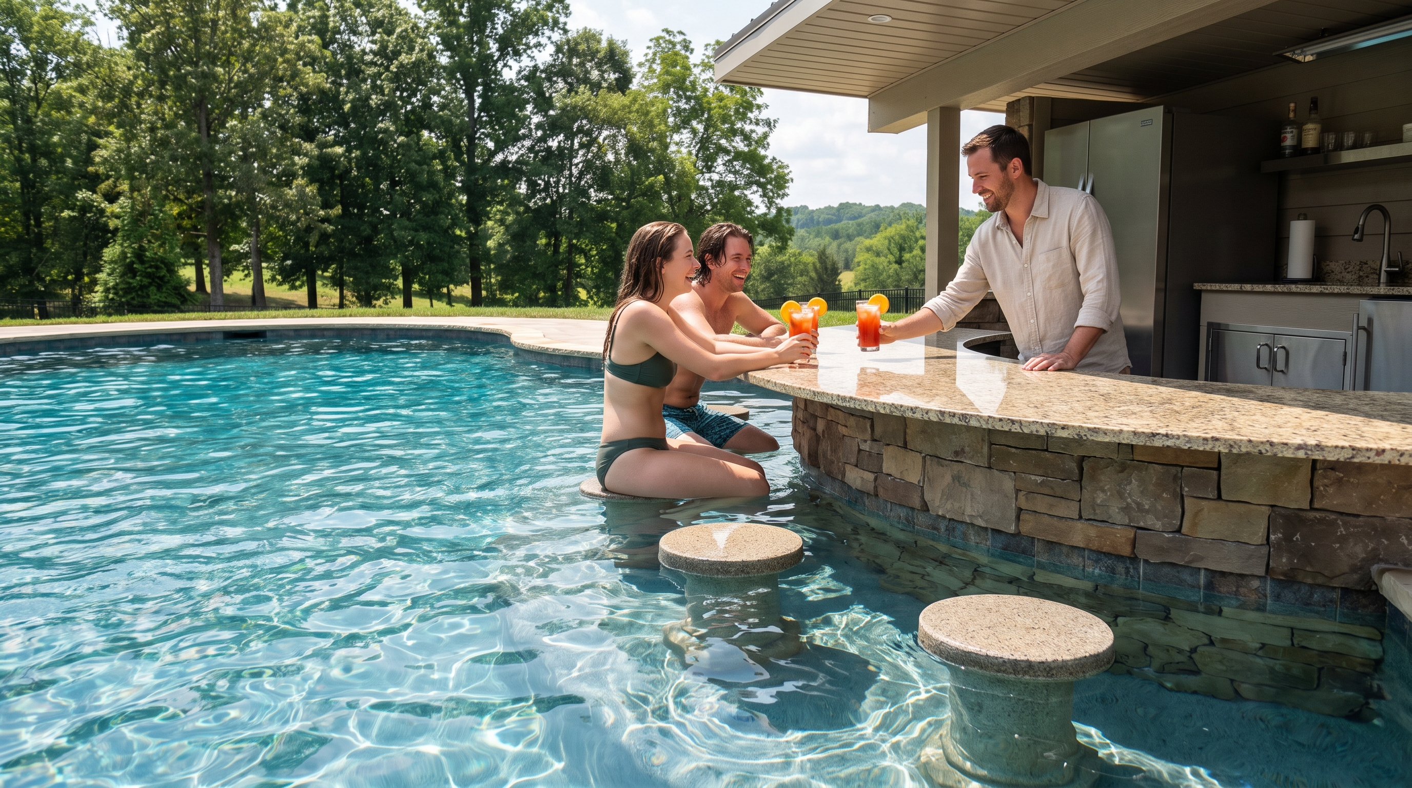Two swimmers seated at submerged pool stools ordering drinks at a granite swim-up bar
