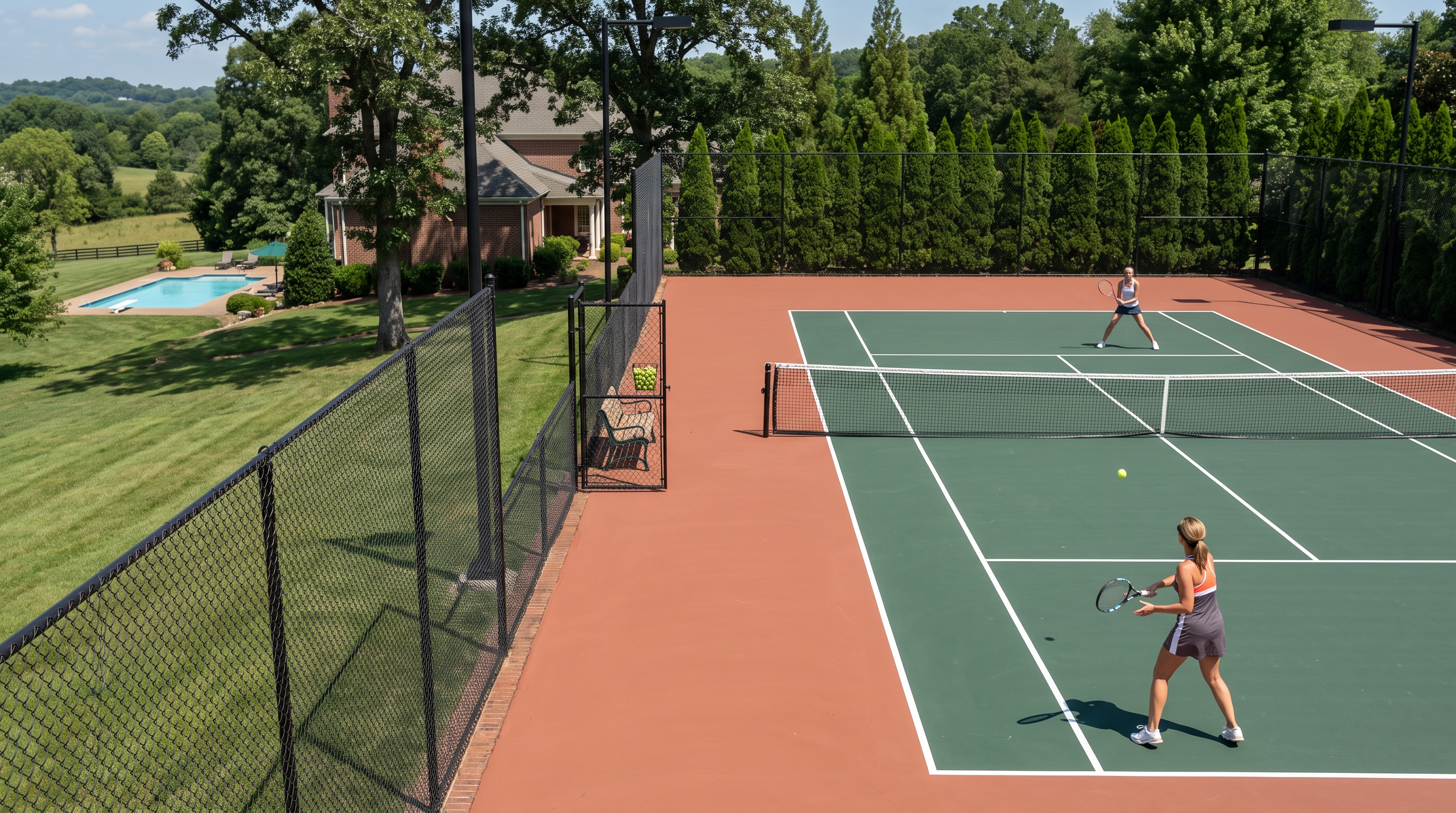 Aerial view of two women playing on a private backyard tennis court beside a home and pool
