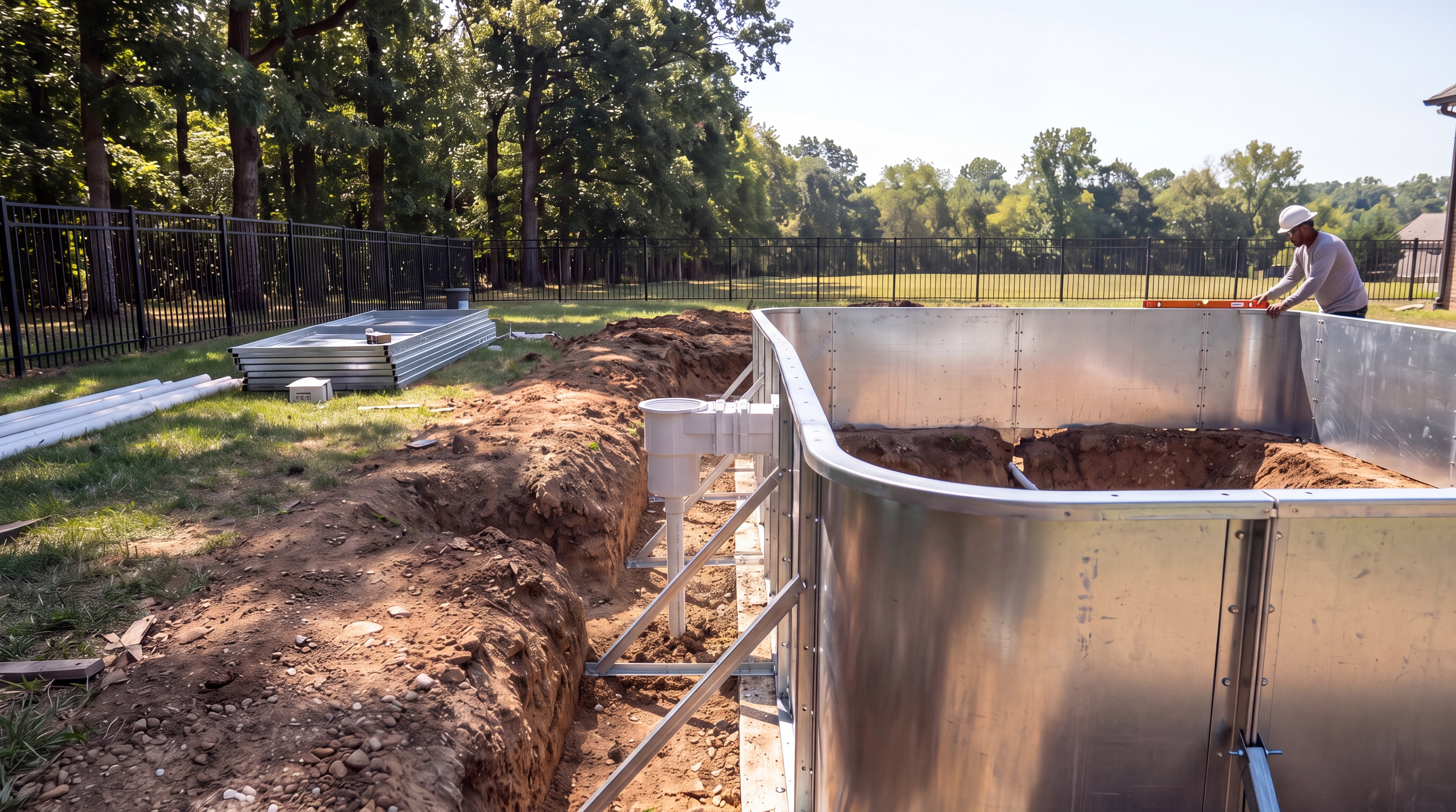 Crew leveling the aluminum wall panels of a curved vinyl-lined pool under construction